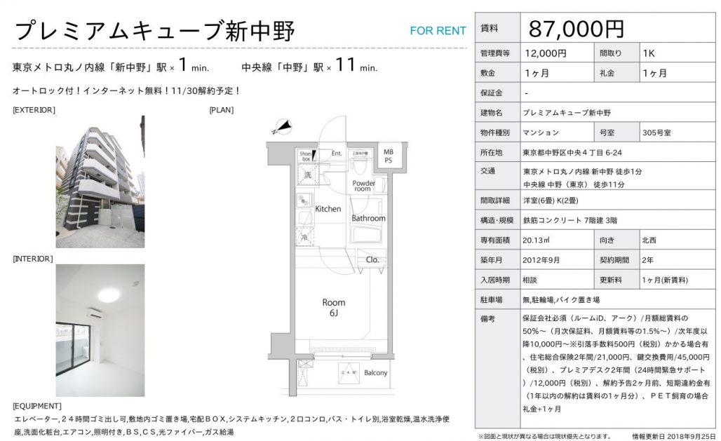 水商売賃貸　プレミアムキューブ新中野　募集図面