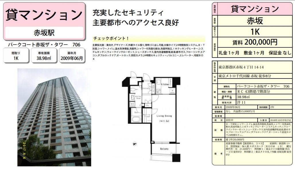 水商売賃貸　パークコート赤坂ザ・タワー　募集図面