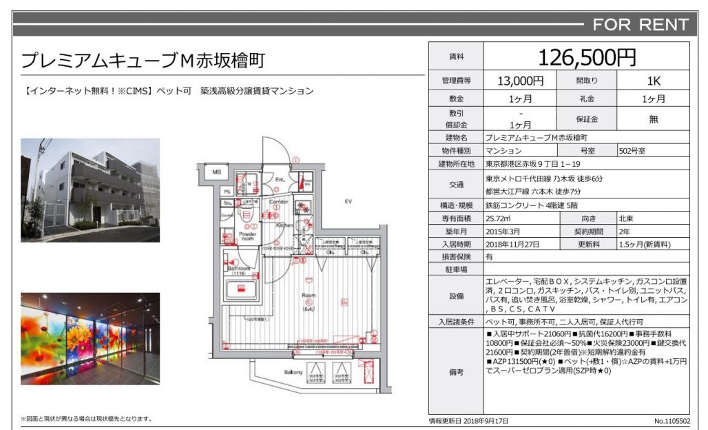 水商売賃貸　プレミアムキューブM赤坂檜町　募集図面