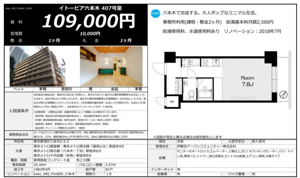 水商売賃貸　イトーピア六本木　募集図面