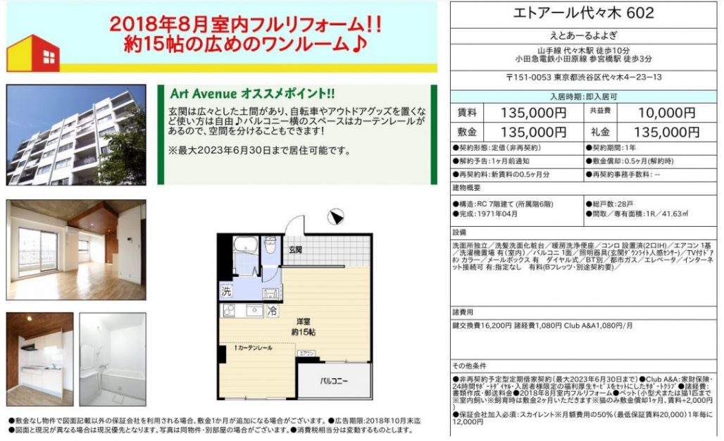 水商売賃貸　エトワール代々木　募集図面