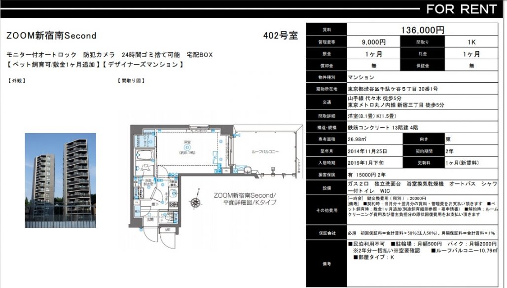 水商売賃貸　ズーム新宿南セカンド　募集図面