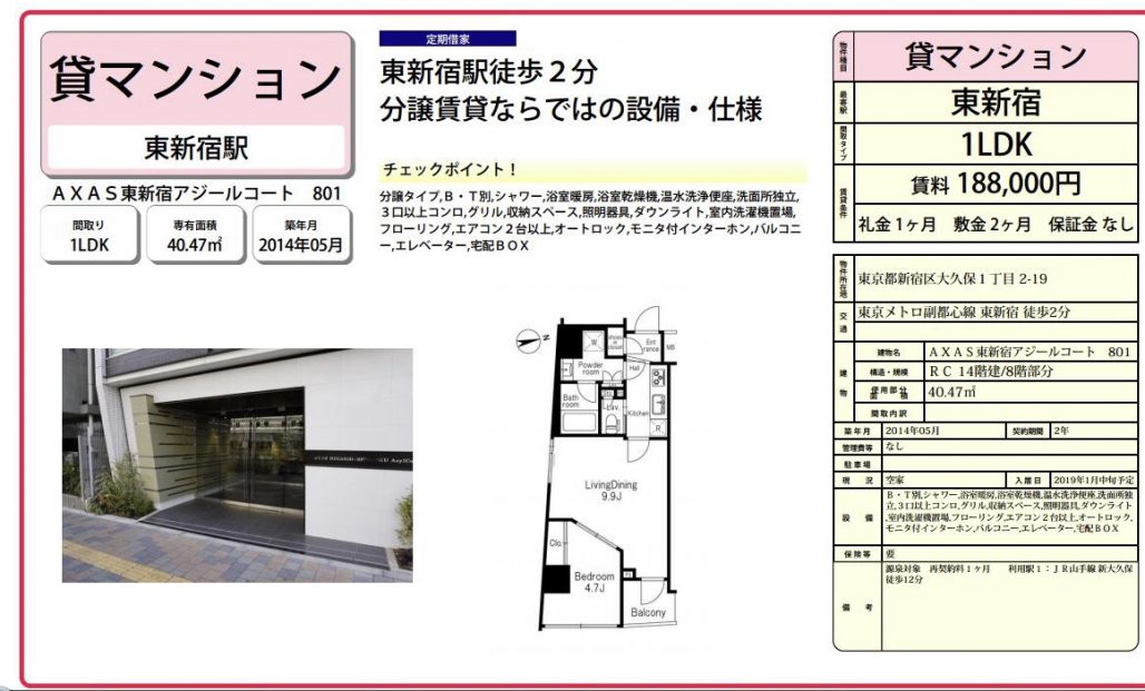 水商売賃貸 アクサス東新宿アジールコート 募集図面