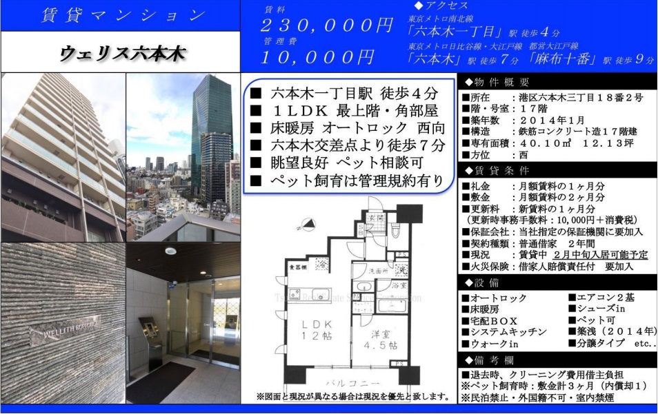 水商売賃貸 ウェリス六本木　募集図面