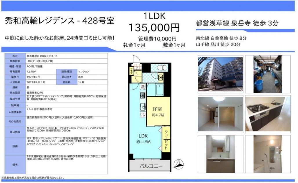 水商売賃貸　秀和高輪レジデンス　募集図面