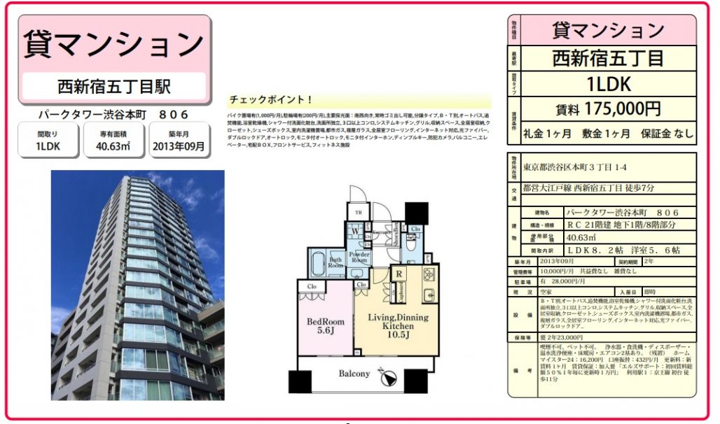 水商売賃貸　パークタワー渋谷本町　募集図面