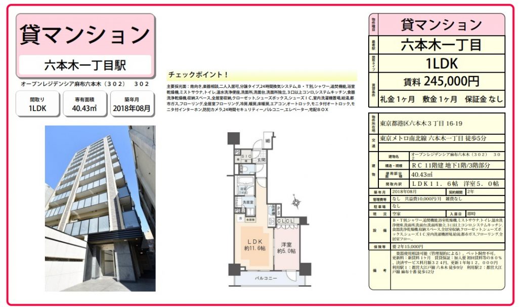 水商売賃貸 オープンレジデンシア麻布六本木　募集図面