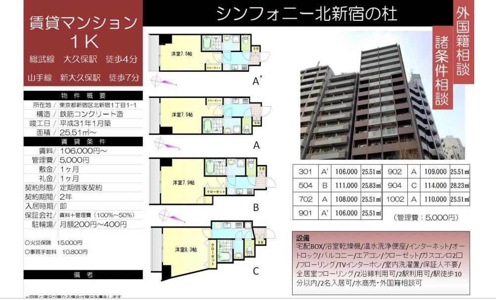 水商売賃貸　シンフォニー北新宿の杜　募集図面