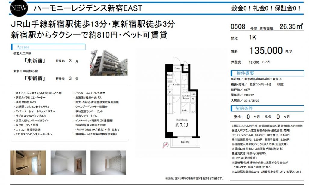 水商売賃貸　ハーモニーレジデンス新宿ＥＡＳＴ　募集図面